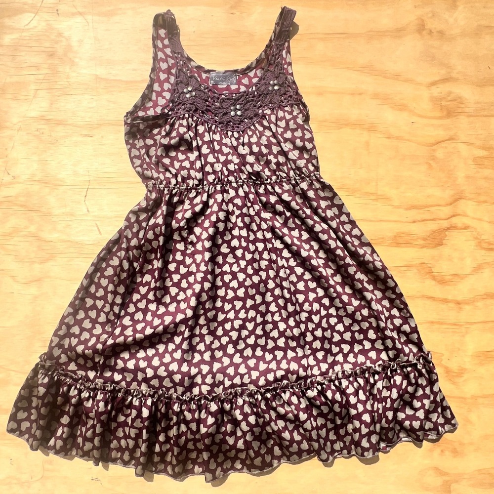 Ventti Heart Print Sleeveless Mini Dress Crochet Lace Studded Plum Purple Small - Picture 1 of 9